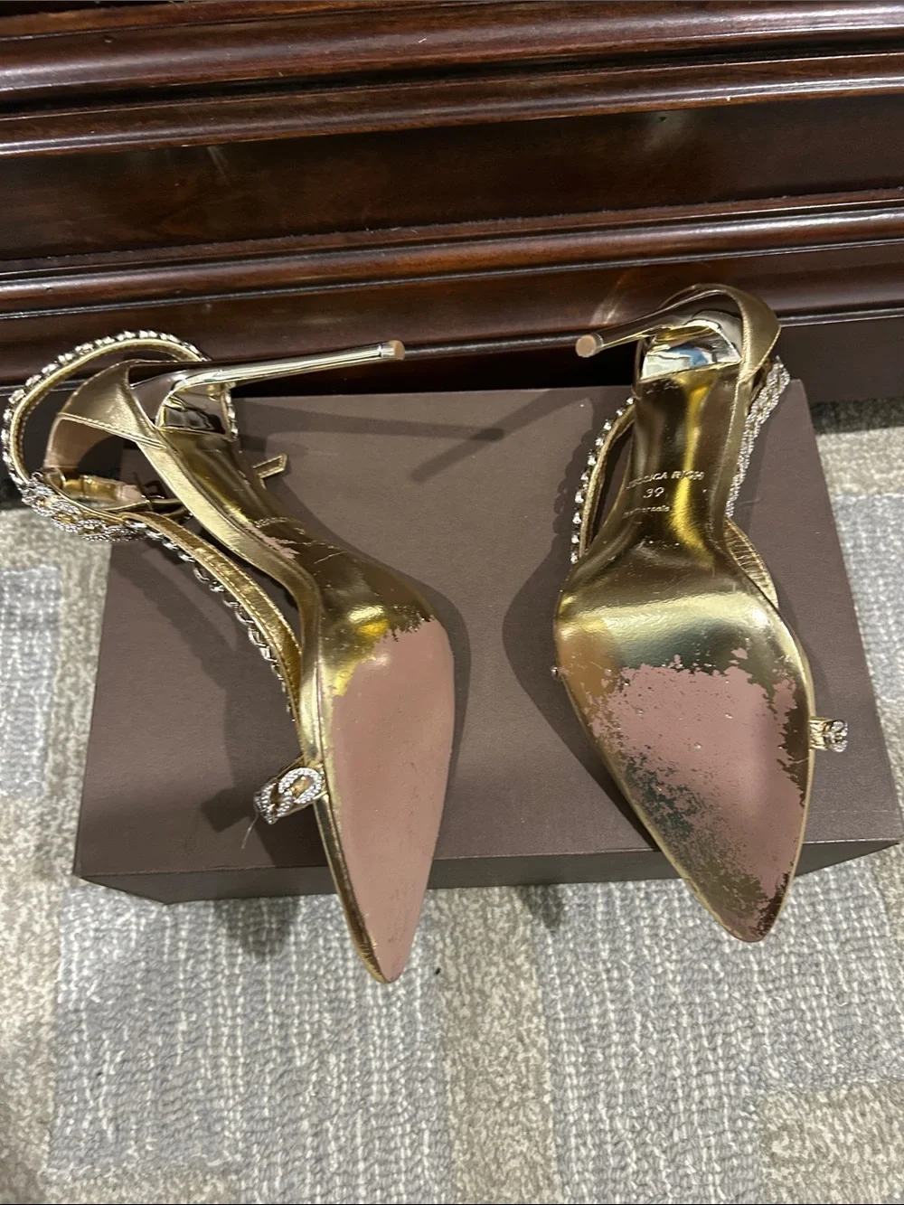 Jessica Gold Rhinestone-Strap Stiletto Sandals